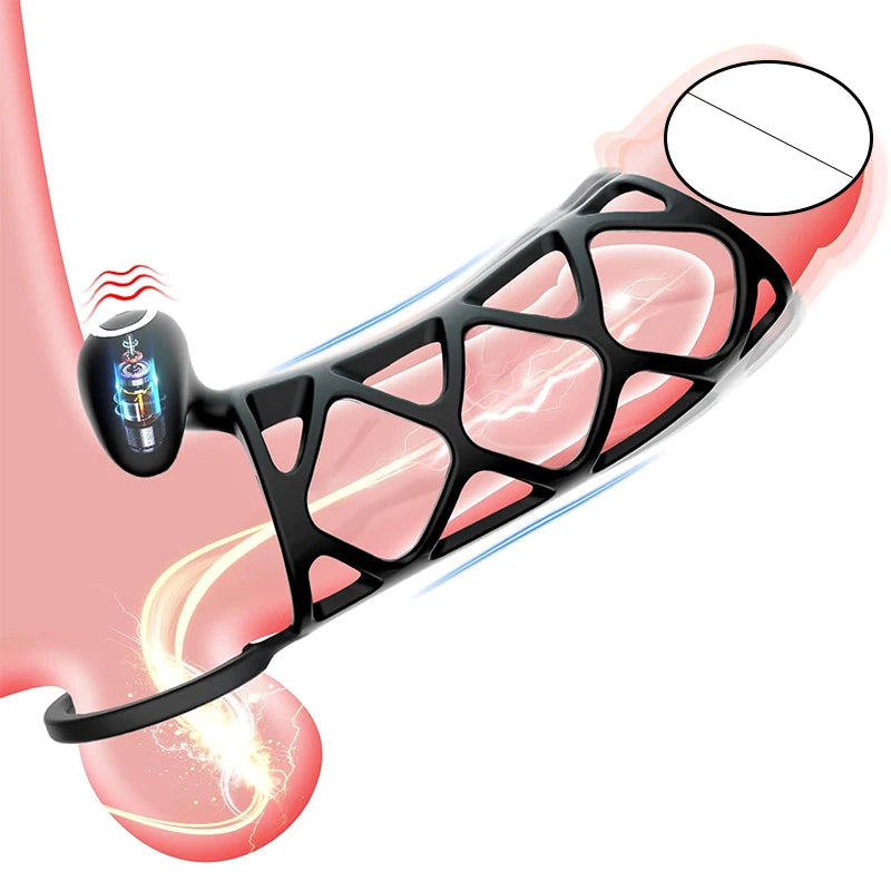 Vibrating Cock Ring Penis Sleeve Male Sex Toys - Silicone Net Sheath Delay Ejaculation Extender
