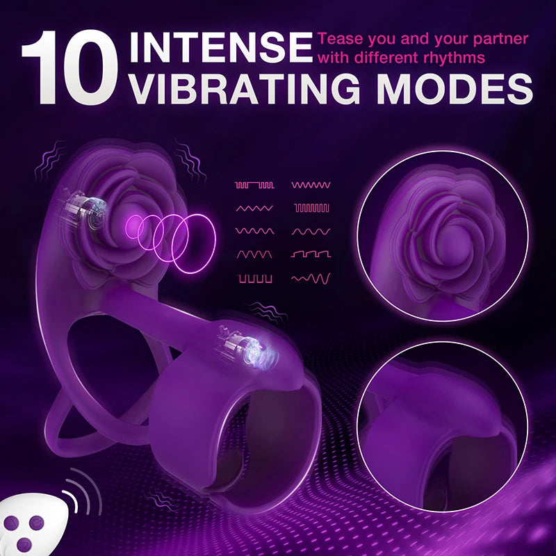 Domlust Remote Control Vibrating Cock Ring - Purple Rose Clit Stimlulator Couple Sex Toy