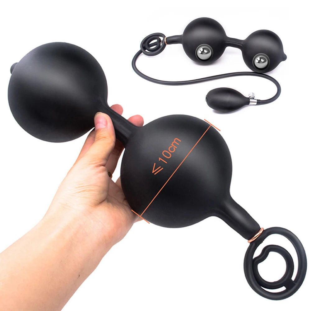 Inflatable Dildo Anal Plug - Dual Steel Ball Build-in Resizable Butt Plug Sex Toys for Men Women