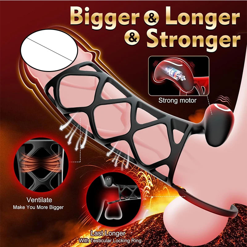 Vibrating Cock Ring Penis Sleeve Male Sex Toys - Silicone Net Sheath Delay Ejaculation Extender