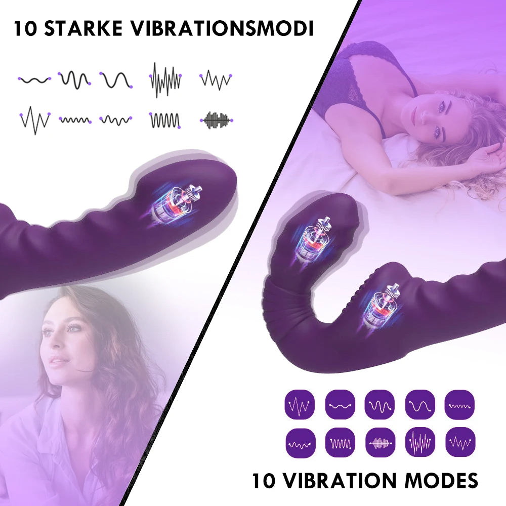 Strapless Strap On Double End Dildo Vibrator - Remote Control Vibrating Lesbian Masturbator