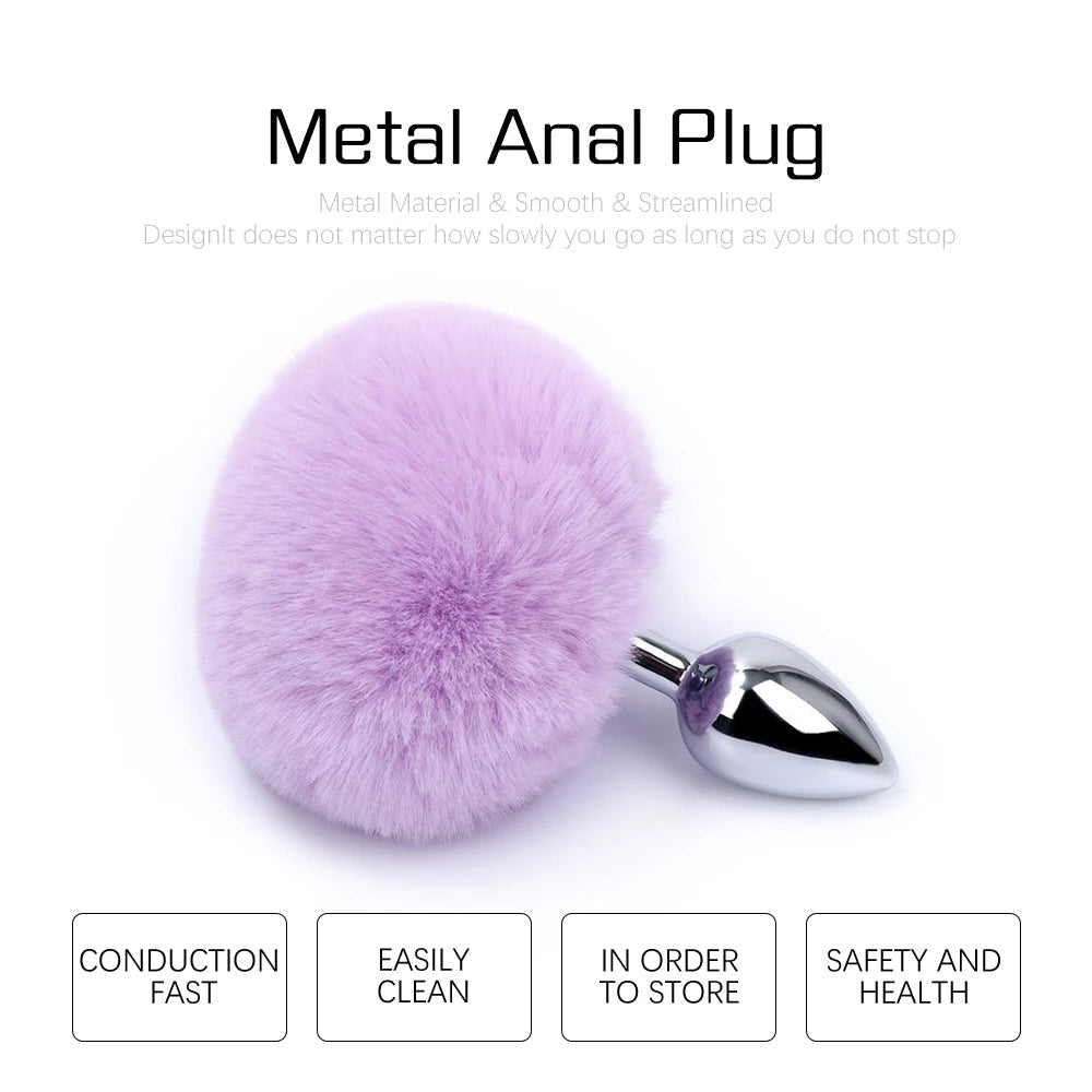 Metal Dildo Fluffy Rabbit Tail Anal Plug - Small Stainless Steel Furry Butt Plug Sex Toys