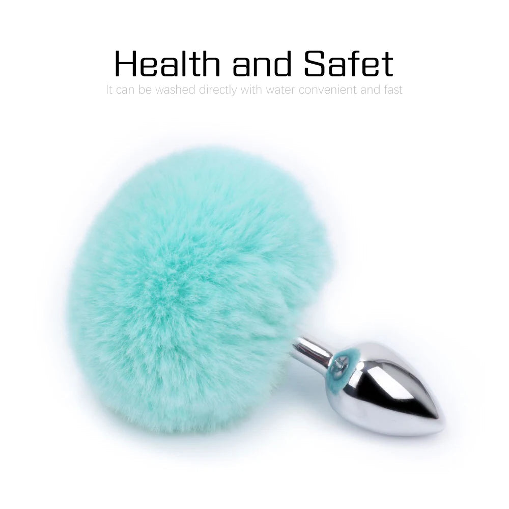 Metal Dildo Fluffy Rabbit Tail Anal Plug - Small Stainless Steel Furry Butt Plug Sex Toys