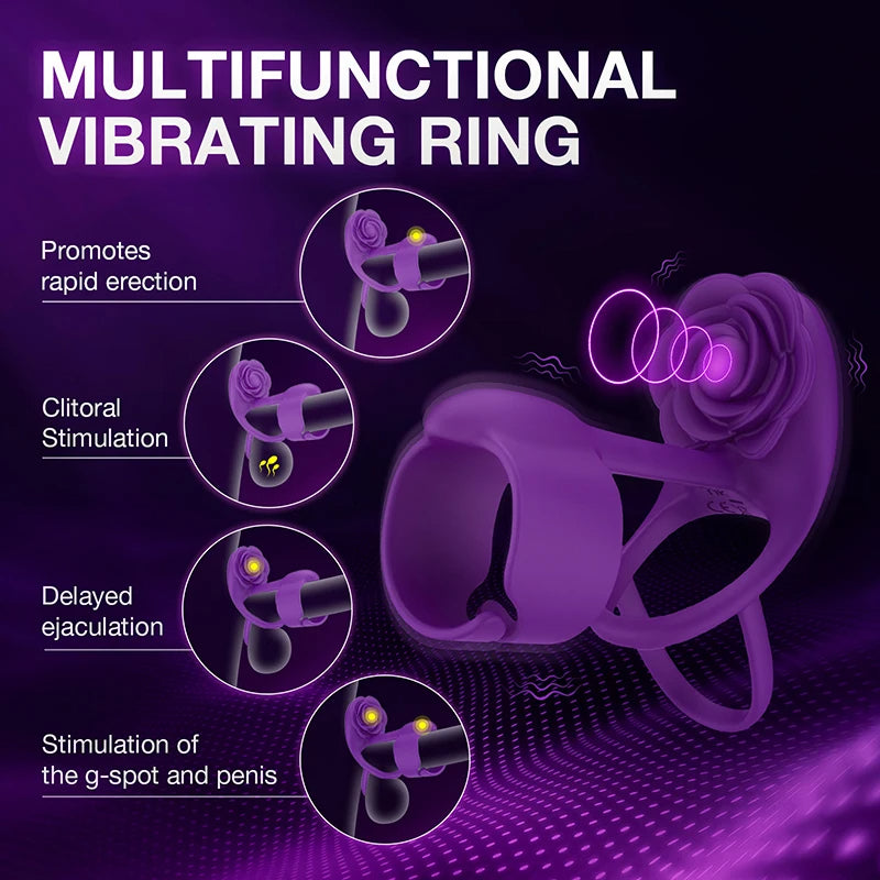 Domlust Remote Control Vibrating Cock Ring - Purple Rose Clit Stimlulator Couple Sex Toy
