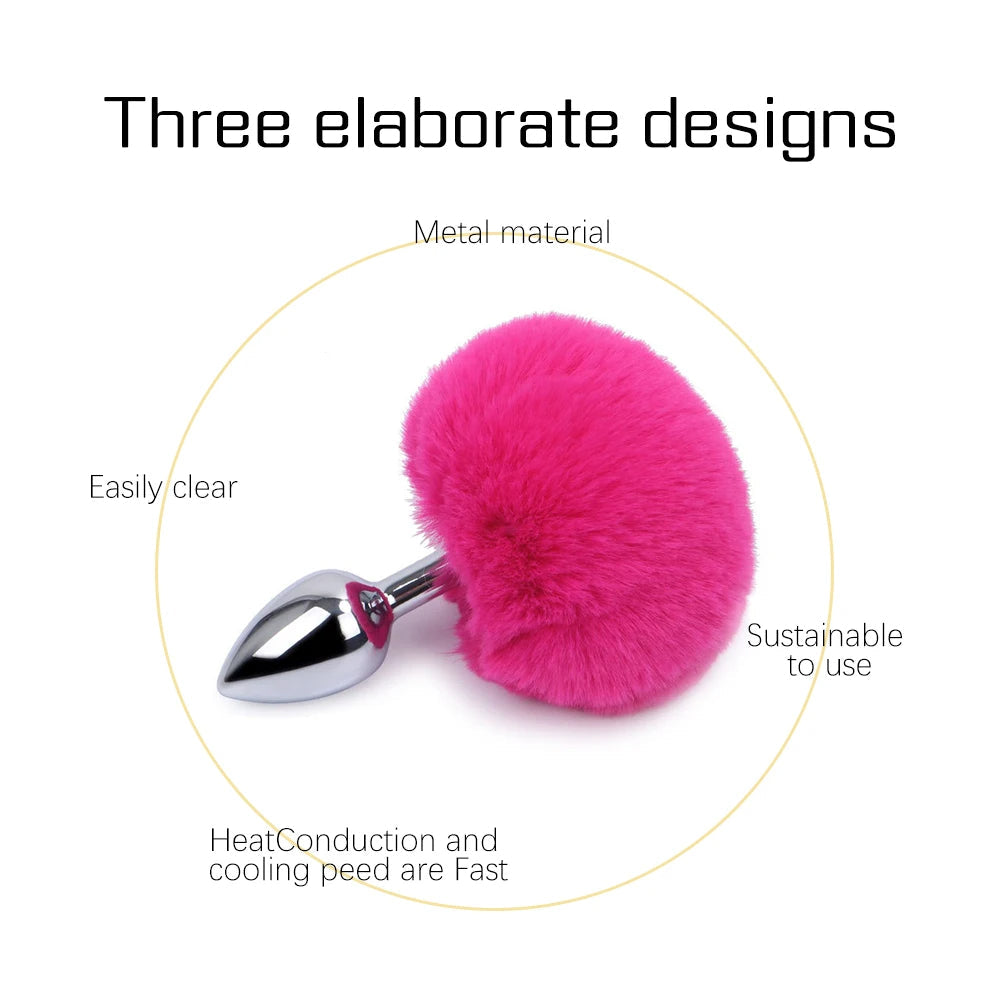 Metal Dildo Fluffy Rabbit Tail Anal Plug - Small Stainless Steel Furry Butt Plug Sex Toys