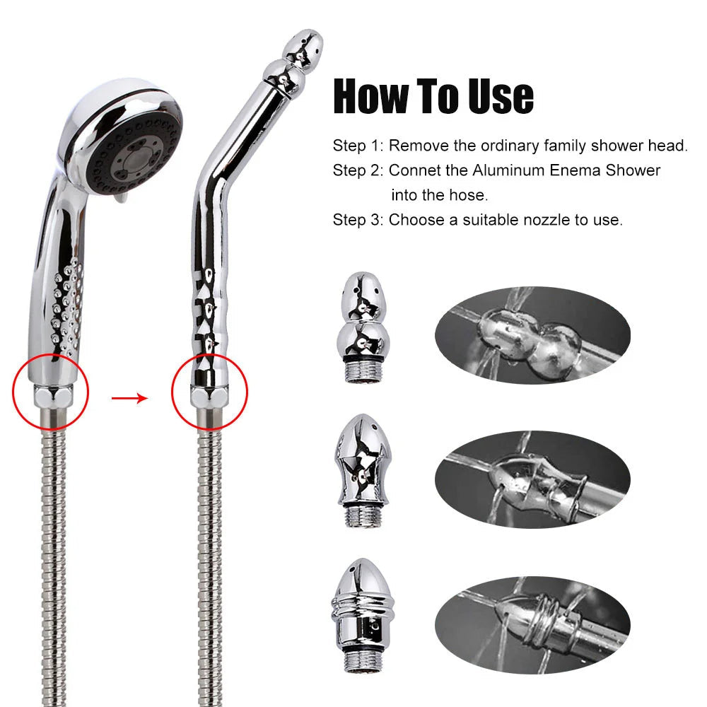 Metal Bidet Anal Douche Cleansing Kit - Faucet Enema Stainless Butt Cleaner with 3 Changing Head