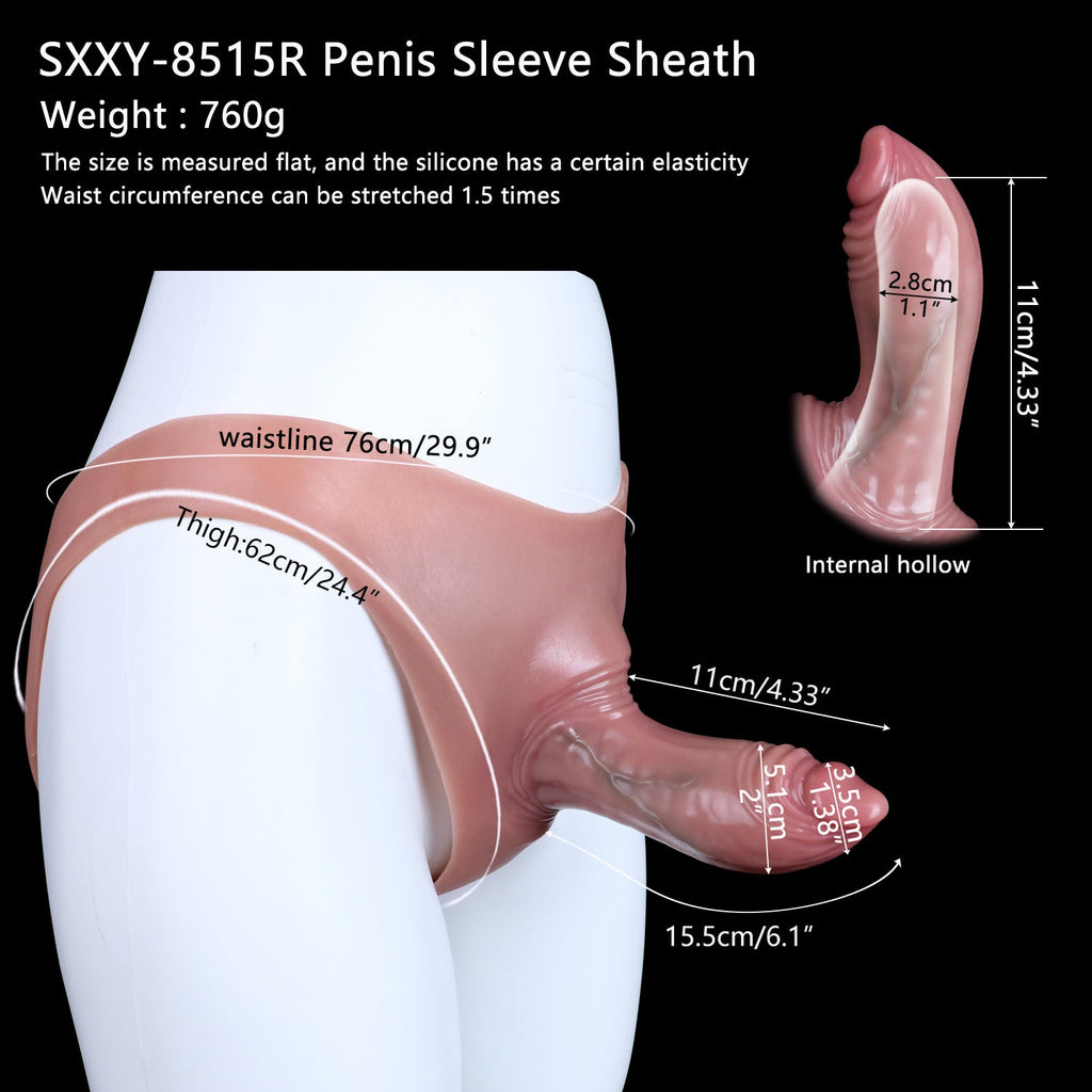 Realistic Bareskin Male Hollow Dildo Underwear - Small Glan Big Thick Penis Sleeve Extender Pant