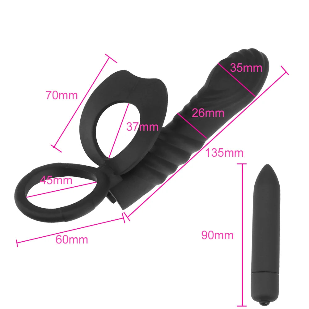 Strap On Vibrating Dildo - Bullet Vibrator Cock Ring Delay Ejaculation Double Stimulation