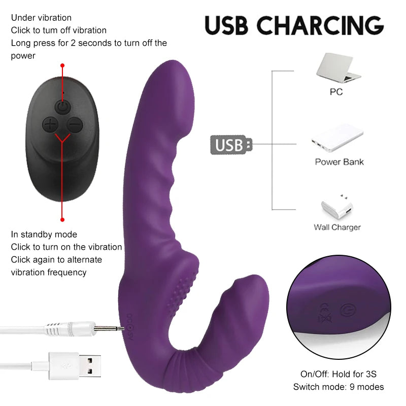 Strapless Strap On Double End Dildo Vibrator - Remote Control Vibrating Lesbian Masturbator