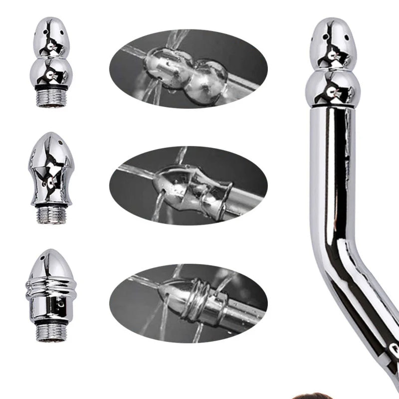 Metal Bidet Anal Douche Cleansing Kit - Faucet Enema Stainless Butt Cleaner with 3 Changing Head