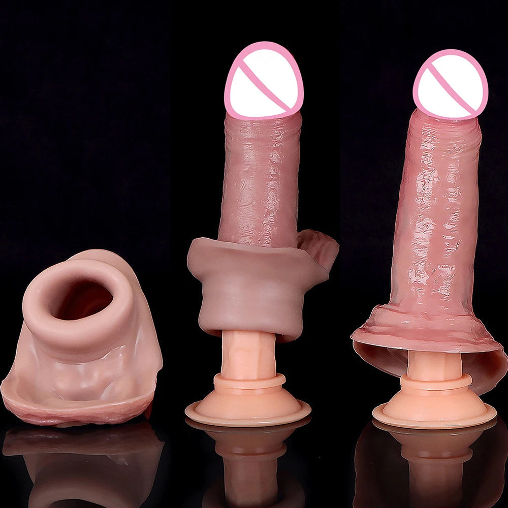 Silicone Cock Sleeve Penis Enlarger - Huge Realistic Condom Cockring Delay Ejaculation Sheath
