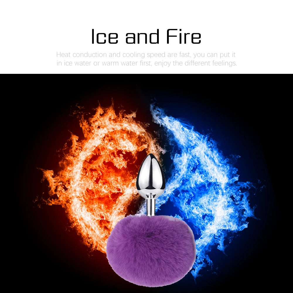 Metal Dildo Fluffy Rabbit Tail Anal Plug - Small Stainless Steel Furry Butt Plug Sex Toys