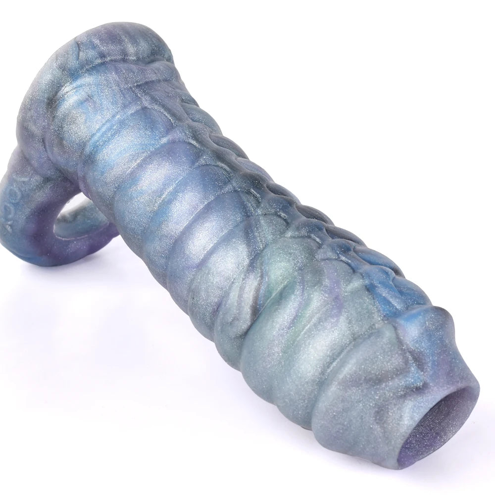 Ribbed Dragon Cock Sleeve Jacking Off - Silicone Monsterdildo Penis Enlarger Sex Toy for Men