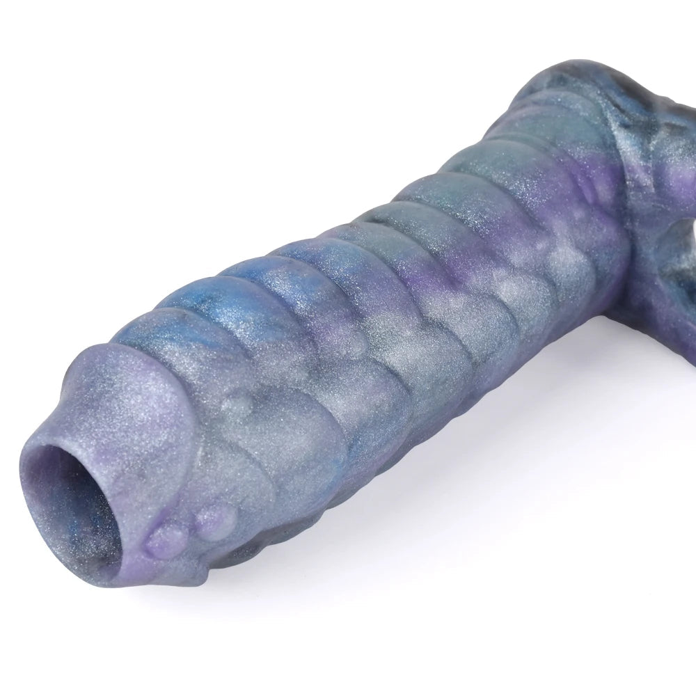 Ribbed Dragon Cock Sleeve Jacking Off - Silicone Monsterdildo Penis Enlarger Sex Toy for Men