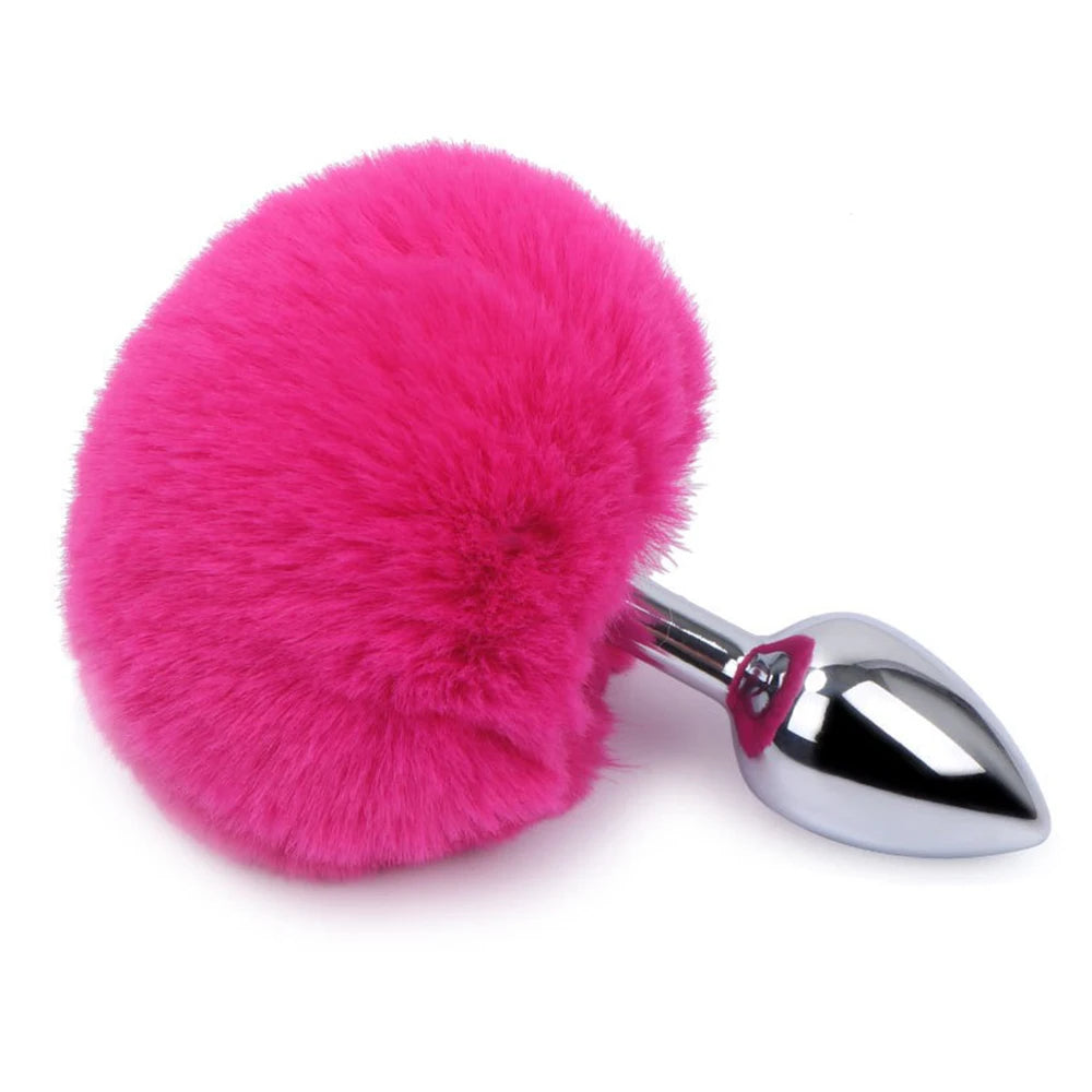 Metal Dildo Fluffy Rabbit Tail Anal Plug - Small Stainless Steel Furry Butt Plug Sex Toys