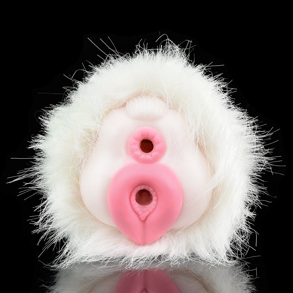 Domlust White Furry Pocket Pussy – Platinum Silicone Animal Fantasy Male Masturbator Dual Channel Vibrator Compatible Sex Toy for Men