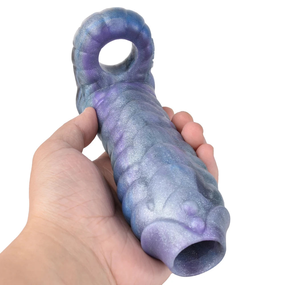 Ribbed Dragon Cock Sleeve Jacking Off - Silicone Monsterdildo Penis Enlarger Sex Toy for Men