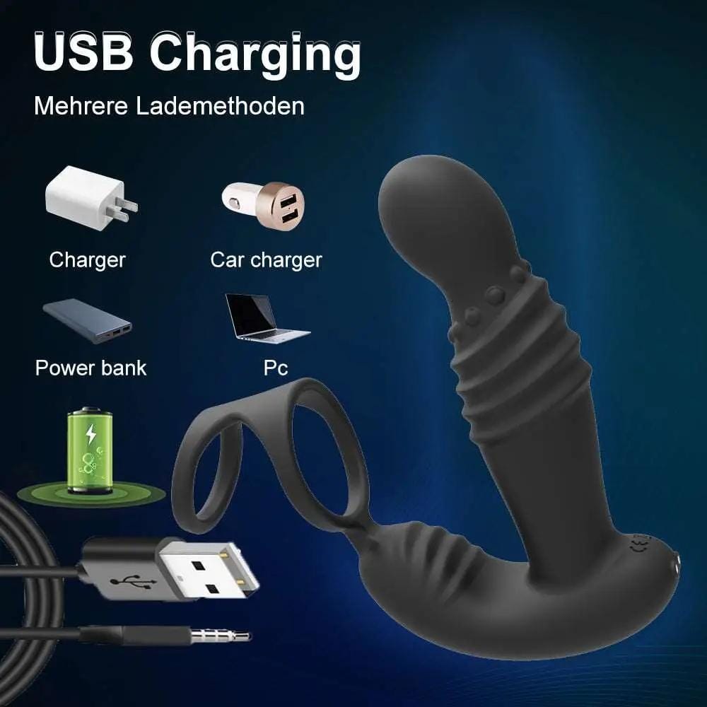 Remote Control Thrusting Prostate Massager with Dual Cock Rings – Hands-Free P-Spot Stimulator | Domlust