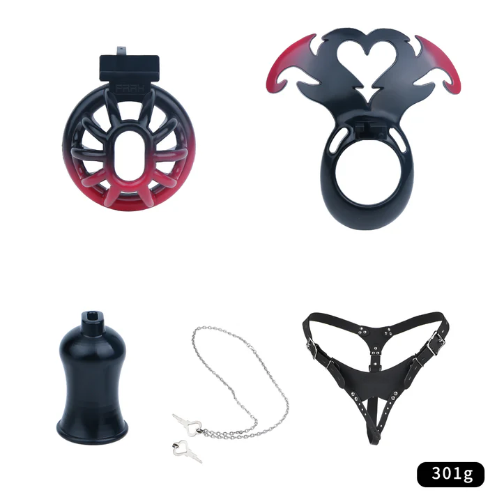 Succubus Heart Chastity Cage – ABS Male Chastity Device with Plate | Short & Long Cage | 3 Ring Sizes | Optional Three-Way Belt