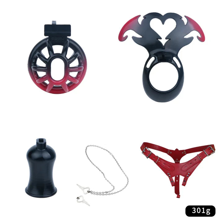 Succubus Heart Chastity Cage – ABS Male Chastity Device with Plate | Short & Long Cage | 3 Ring Sizes | Optional Three-Way Belt
