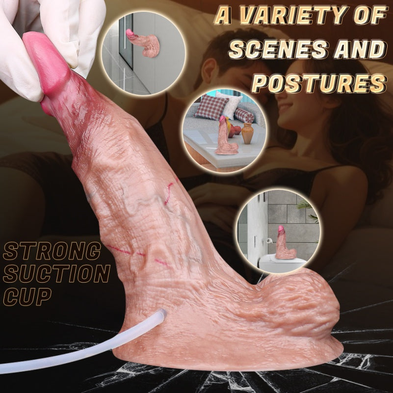 Domlust Squirting Life Size Lightskin Dildo – Platinum Silicone Giant Testicle Base Suction Cup Realistic Ejaculation Sex Toy
