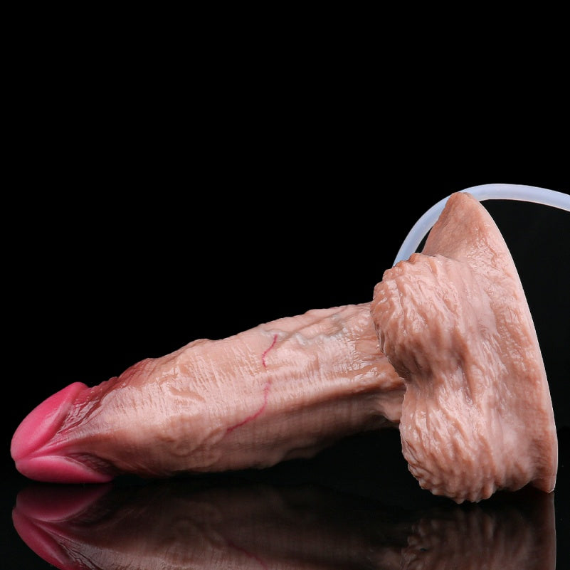 Domlust Squirting Life Size Lightskin Dildo – Platinum Silicone Giant Testicle Base Suction Cup Realistic Ejaculation Sex Toy