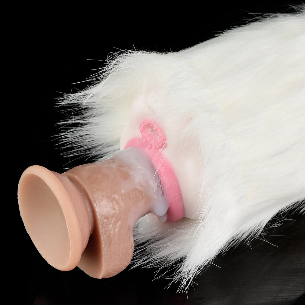 Domlust White Furry Pocket Pussy – Platinum Silicone Animal Fantasy Male Masturbator Dual Channel Vibrator Compatible Sex Toy for Men