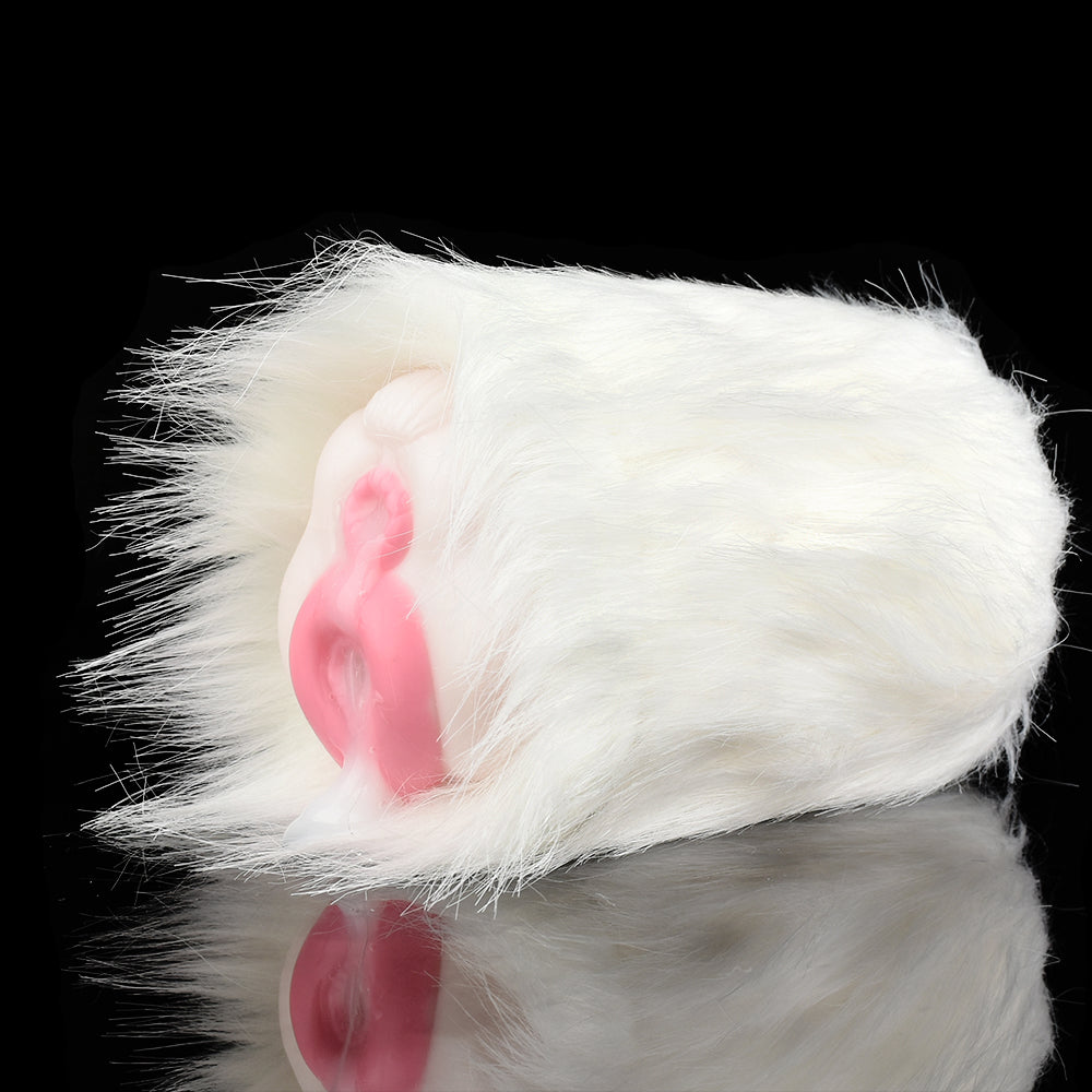 Domlust White Furry Pocket Pussy – Platinum Silicone Animal Fantasy Male Masturbator Dual Channel Vibrator Compatible Sex Toy for Men