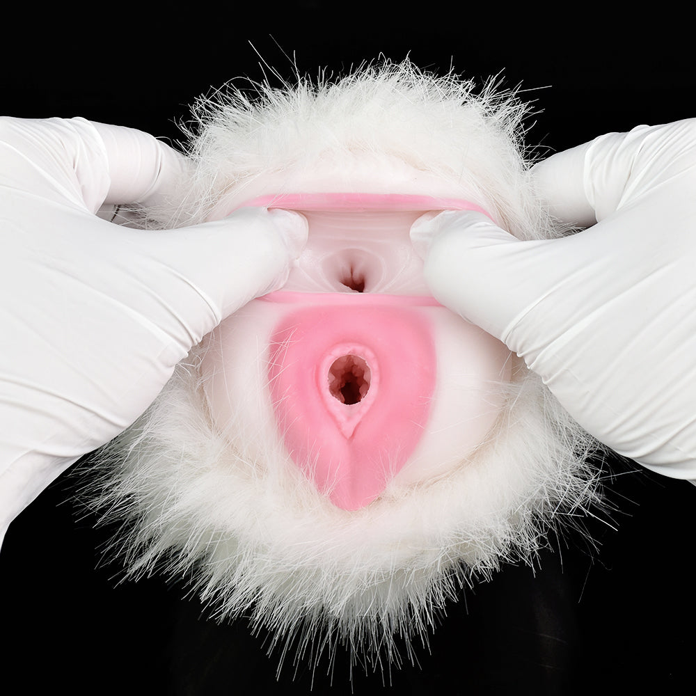 Domlust White Furry Pocket Pussy – Platinum Silicone Animal Fantasy Male Masturbator Dual Channel Vibrator Compatible Sex Toy for Men