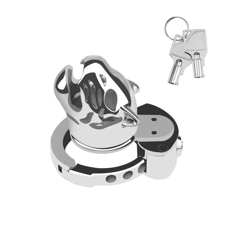 Leopard Head Metal Chastity Cage with Internal Lock – Adjustable Base Ring for Men