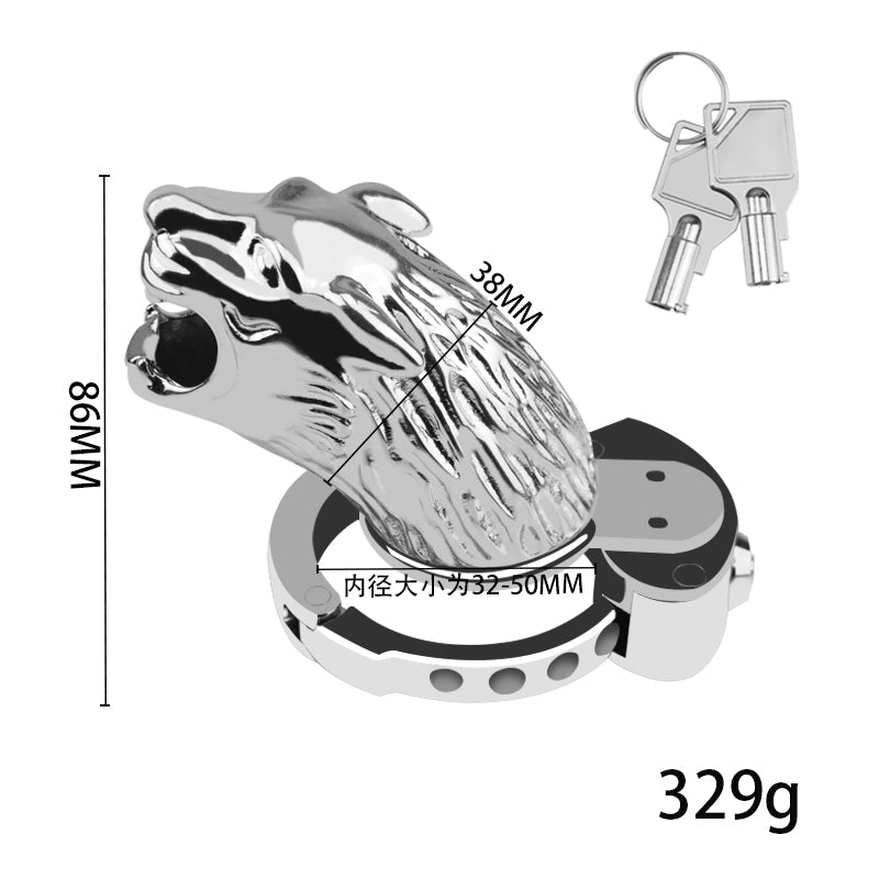 Leopard Head Metal Chastity Cage with Internal Lock – Adjustable Base Ring for Men