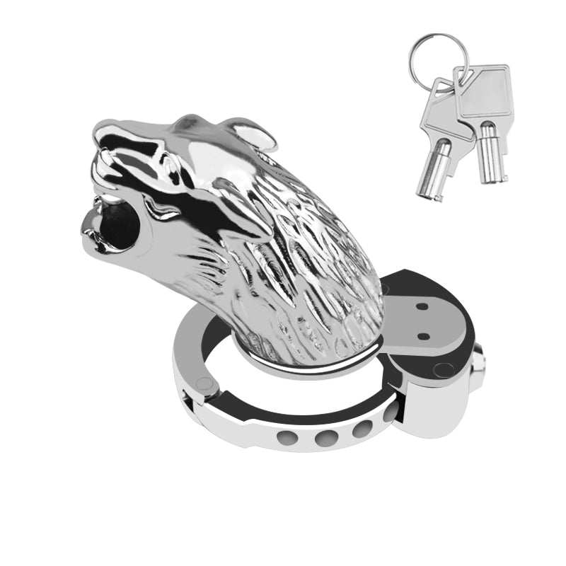 Leopard Head Metal Chastity Cage with Internal Lock – Adjustable Base Ring for Men