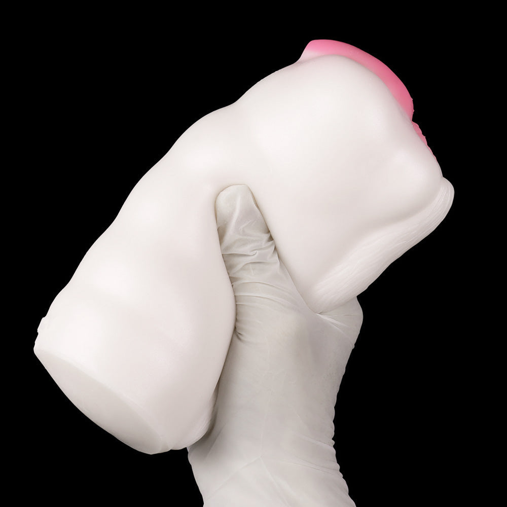 Domlust White Furry Pocket Pussy – Platinum Silicone Animal Fantasy Male Masturbator Dual Channel Vibrator Compatible Sex Toy for Men