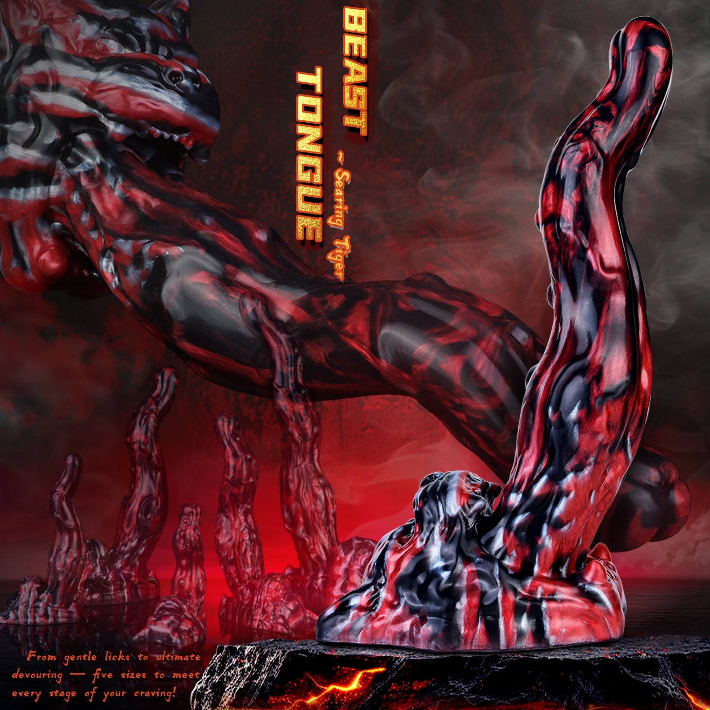 Domlust Black Tiger Monster Dildo | Obsidian Bloodswirl Platinum Silicone Fantasy Toy S–XXL
