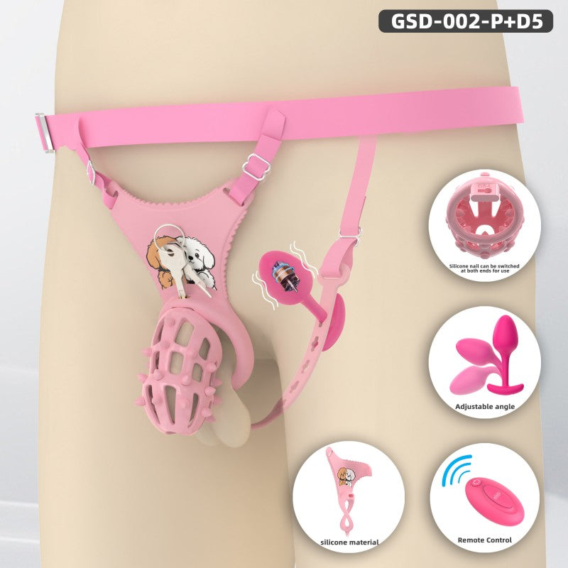 Spiked Chastity Cage Harness Set with Remote Vibrating Anal Plug GSD