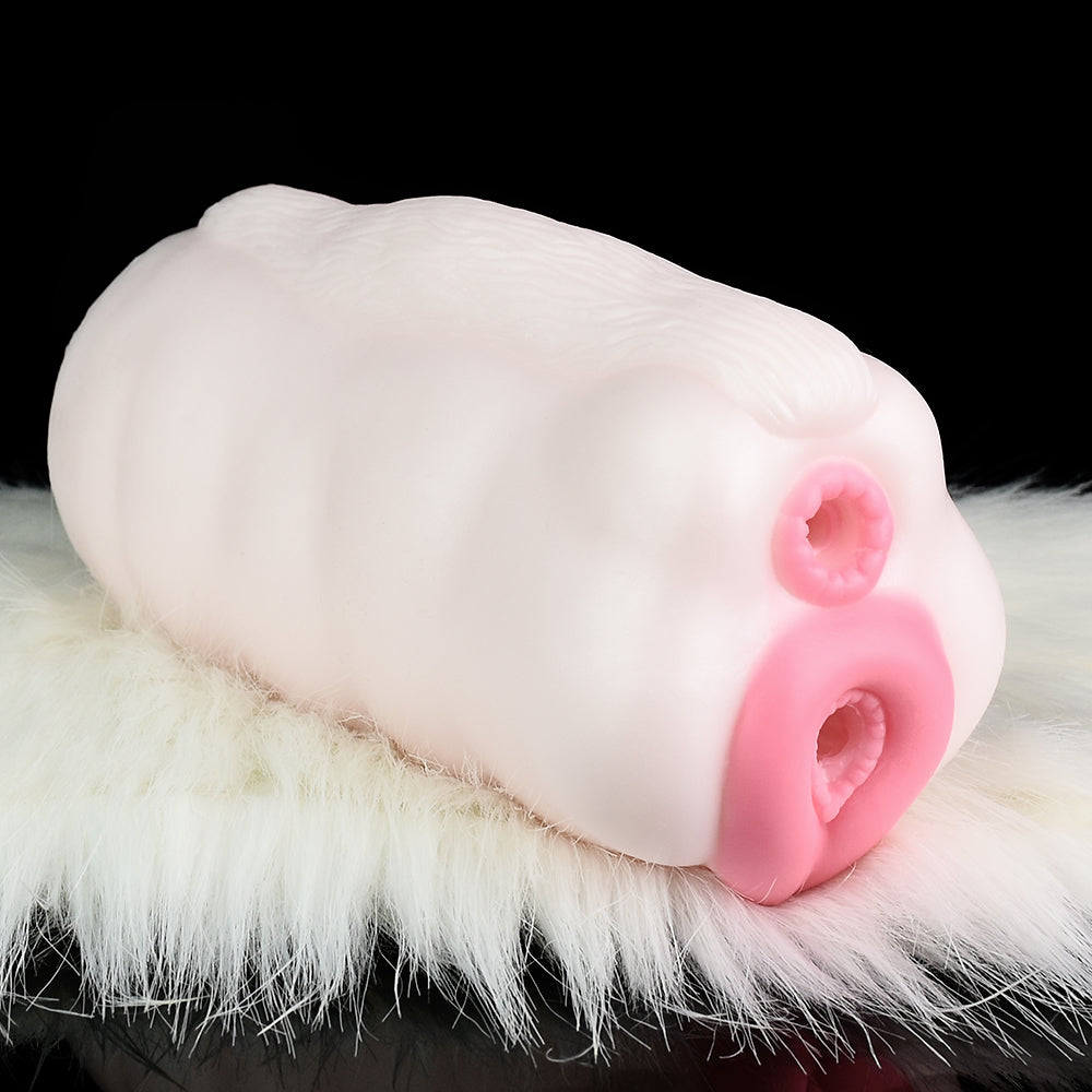Domlust White Furry Pocket Pussy – Platinum Silicone Animal Fantasy Male Masturbator Dual Channel Vibrator Compatible Sex Toy for Men