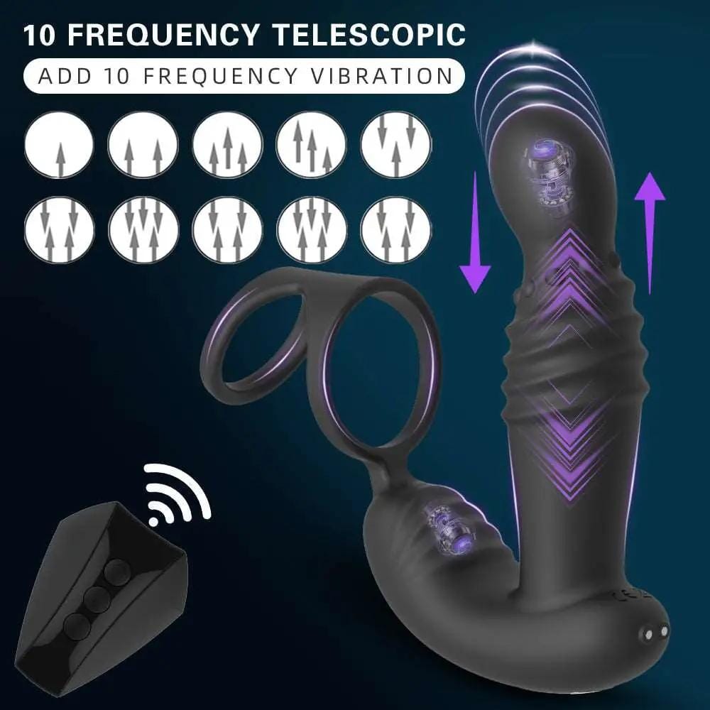 Remote Control Thrusting Prostate Massager with Dual Cock Rings – Hands-Free P-Spot Stimulator | Domlust