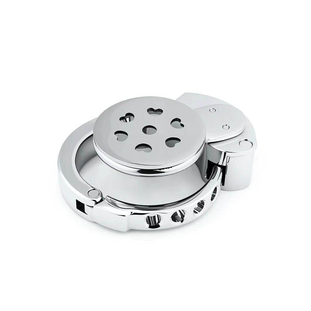 Inverted Flat Chastity Cage Collection with Adjustable Rings – Heart, Sunburst & Shell Ventilation Patterns