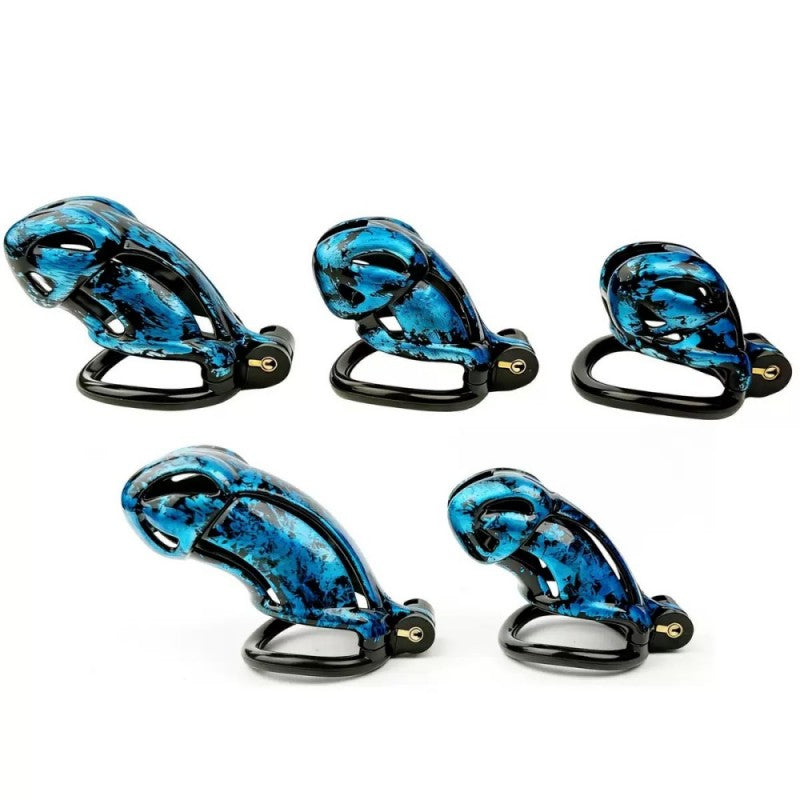 Hand-Painted Cobra Resin Male Chastity Cage – Marble Finish, Multi Sizes (S+ S N+ R+ R), 42–52mm Rings, Lightweight & Breathable