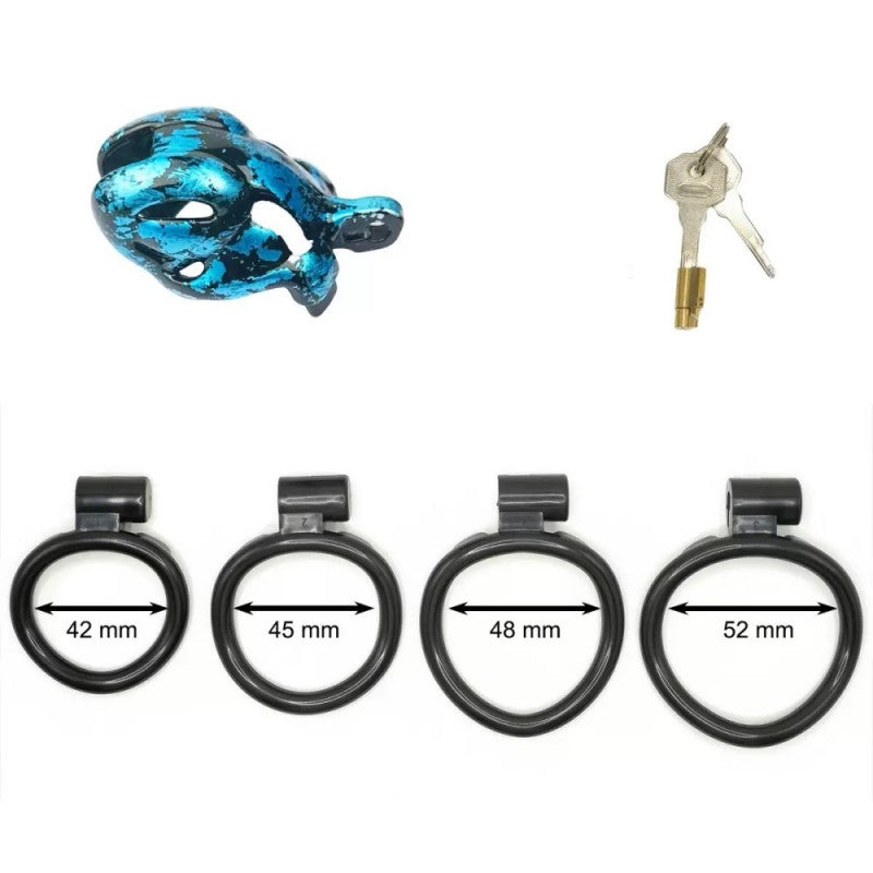 Hand-Painted Cobra Resin Male Chastity Cage – Marble Finish, Multi Sizes (S+ S N+ R+ R), 42–52mm Rings, Lightweight & Breathable