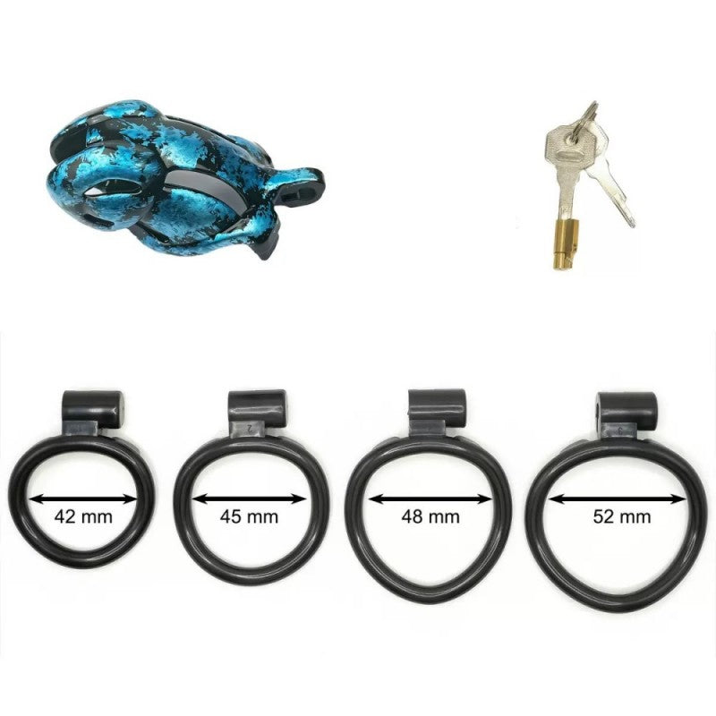 Hand-Painted Cobra Resin Male Chastity Cage – Marble Finish, Multi Sizes (S+ S N+ R+ R), 42–52mm Rings, Lightweight & Breathable