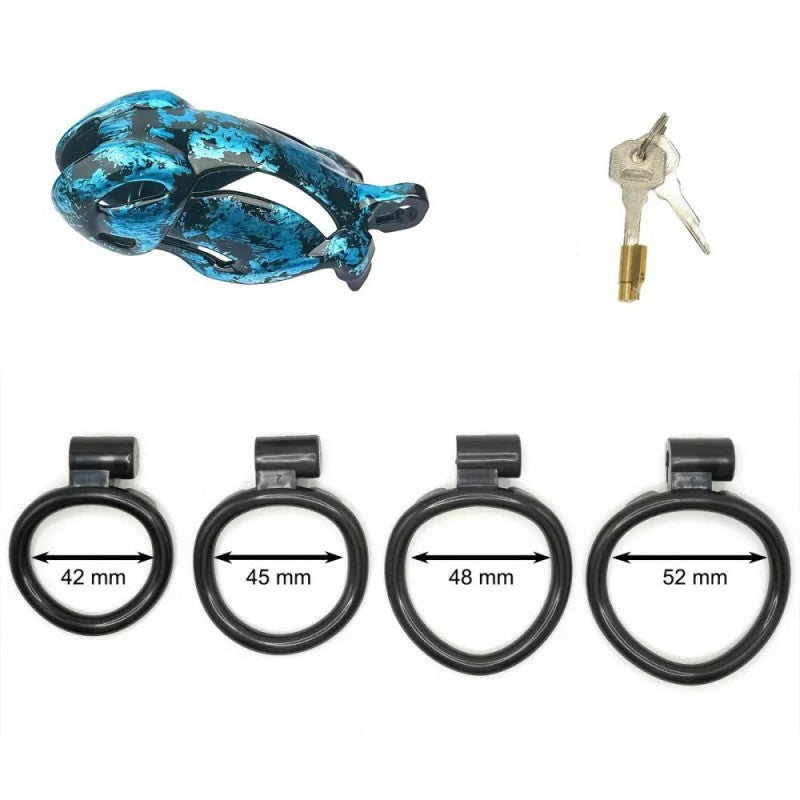 Hand-Painted Cobra Resin Male Chastity Cage – Marble Finish, Multi Sizes (S+ S N+ R+ R), 42–52mm Rings, Lightweight & Breathable