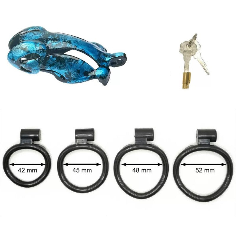 Hand-Painted Cobra Resin Male Chastity Cage – Marble Finish, Multi Sizes (S+ S N+ R+ R), 42–52mm Rings, Lightweight & Breathable