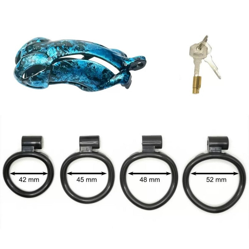 Hand-Painted Cobra Resin Male Chastity Cage – Marble Finish, Multi Sizes (S+ S N+ R+ R), 42–52mm Rings, Lightweight & Breathable