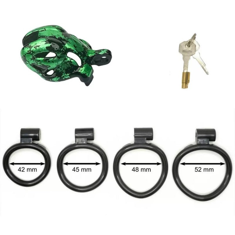 Hand-Painted Cobra Resin Male Chastity Cage – Marble Finish, Multi Sizes (S+ S N+ R+ R), 42–52mm Rings, Lightweight & Breathable