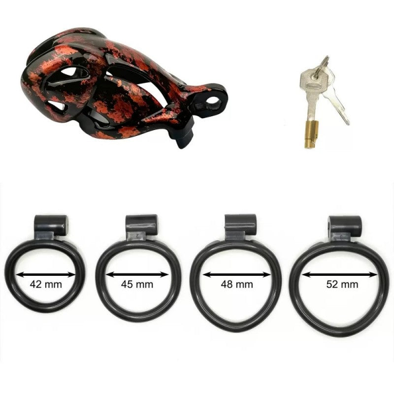 Hand-Painted Cobra Resin Male Chastity Cage – Marble Finish, Multi Sizes (S+ S N+ R+ R), 42–52mm Rings, Lightweight & Breathable