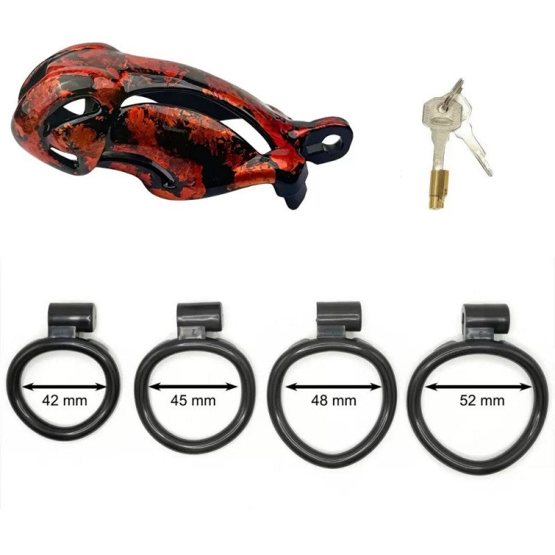 Hand-Painted Cobra Resin Male Chastity Cage – Marble Finish, Multi Sizes (S+ S N+ R+ R), 42–52mm Rings, Lightweight & Breathable