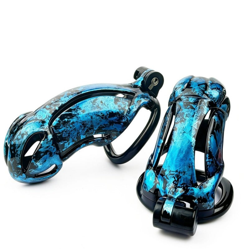 Hand-Painted Cobra Resin Male Chastity Cage – Marble Finish, Multi Sizes (S+ S N+ R+ R), 42–52mm Rings, Lightweight & Breathable