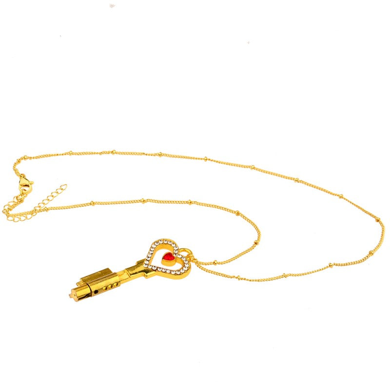Heart-Shaped Chastity Key Pendant with Rhinestones – Wearable Lock Key Necklace