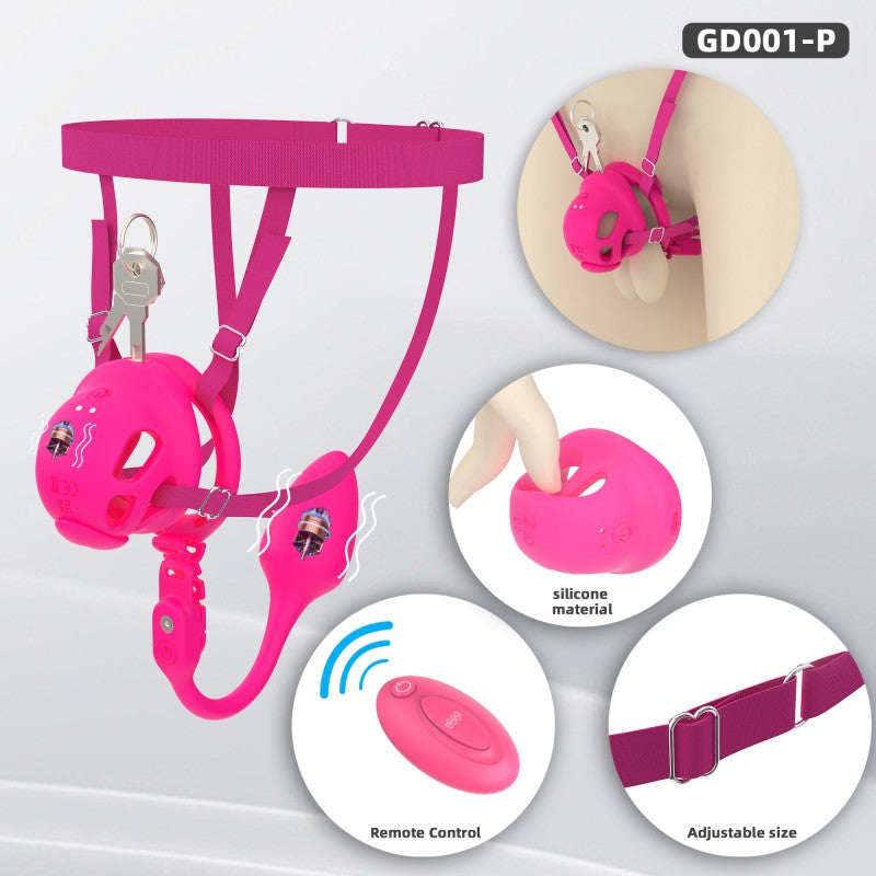 Electric Silicone Chastity Cage with Remote Control, Vibrating Plug & Harness